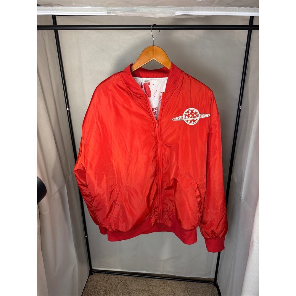 Disney Pizza Planet Bomber Jacket Mens L Red Excellent Toy Story Graphic Zip Up